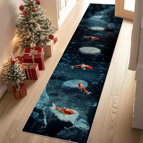 Jijliczc Fisch Steine Teich Teppich Flur Läufer Natur Landschaft Teppichläufer Küchenläufer 80 X 250 cm Carpet rutschfest Waschbar für Bettvorleger Flur Küche Waschküche von Jijliczc