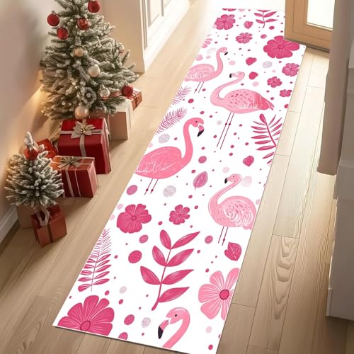 Jijliczc Flamingo Tierwelt Vögel Teppich Läufer rutschfest Waschbar Blumen Anlage Flurteppich Küchenteppich 80x240 cm, Teppichläufer für Bettvorleger Wohnraum Flur Waschküche von Jijliczc