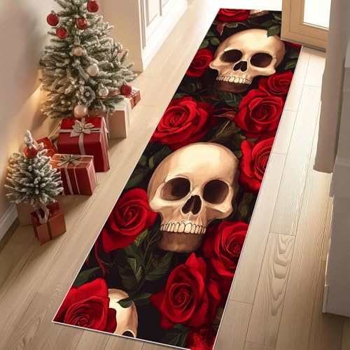 Jijliczc Furcht Skeleton Gotisch Teppich Läufer 60x150 cm Rosen Blumen Romantisch Teppiche rutschfest Waschbar Bettumrandung Schlafzimmer, Teppichläufer für Küche, Flur, Eingangsbereich von Jijliczc