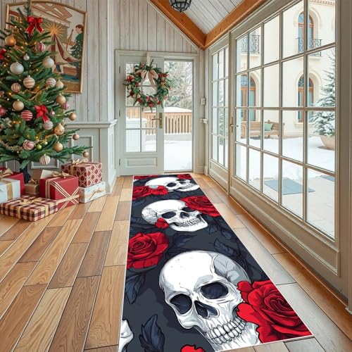 Jijliczc Furcht Skeleton Rosen Teppich Läufer rutschfest Waschbar Romantisch Blumen Anlage Flurteppich Küchenteppich 80x240 cm, Teppichläufer für Bettvorleger Wohnraum Flur Waschküche von Jijliczc