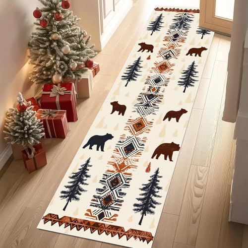 Jijliczc Geometrie Diamant Braunbär Teppich Läufer rutschfest Waschbar 80x150 cm, Baum Tradition Stamm Flurteppich Küchenteppich Teppichläufer für Bettvorleger Wohnraum Flur Waschküche von Jijliczc