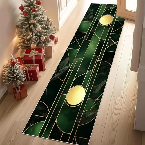 Jijliczc Geometrie Dreieck Polygon Runde Teppich Läufer rutschfest Waschbar 80x200 cm, Grün Patchwork Linien Flurteppich Küchenteppich Teppichläufer für Bettvorleger Wohnraum Flur Waschküche von Jijliczc