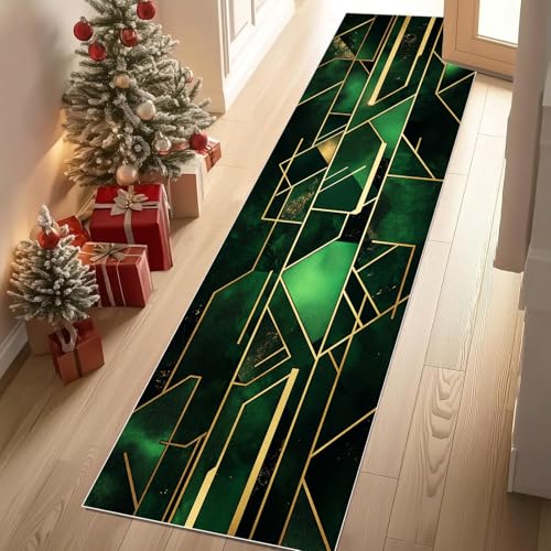 Jijliczc Geometrie Dreieck Polygon Teppich Läufer 60x150 cm Grün Patchwork Linien Teppiche rutschfest Waschbar Bettumrandung Schlafzimmer, Teppichläufer für Küche, Flur, Eingangsbereich von Jijliczc