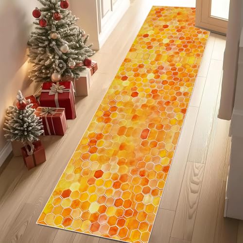 Jijliczc Geometrie Hexagon Teppich Läufer rutschfest Waschbar 80x150 cm, Gelb Orange Patchwork Flurteppich Küchenteppich Teppichläufer für Bettvorleger Wohnraum Flur Waschküche von Jijliczc