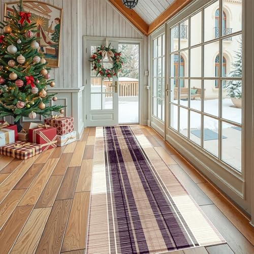 Jijliczc Geometrie Streifen Teppich Läufer 60x120 cm Lila Linien Drucken Carpet rutschfest Waschbar Bettumrandung Schlafzimmer, Teppichläufer für Küche, Flur, Eingangsbereich von Jijliczc