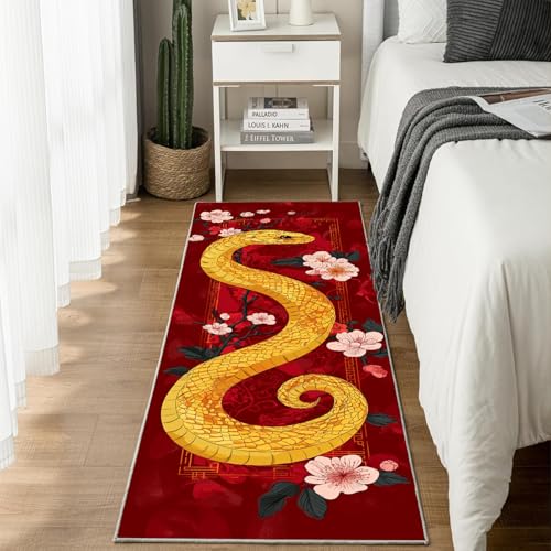 Jijliczc Goldene Schlange Teppich Läufer rutschfest Waschbar 80x200 cm, Tierwelt Blumen Anlage Flurteppich Küchenteppich Teppichläufer für Bettvorleger Wohnraum Flur Waschküche von Jijliczc