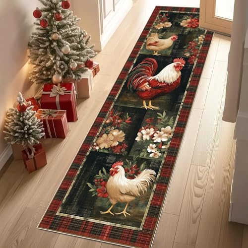 Jijliczc Hahn Bauernhaus Tier Teppich Flur Läufer Patchwork ländlich Blumen Anlage Teppichläufer Küchenläufer Carpet rutschfest Waschbar für Bettvorleger Flur Küche Waschküche 66x213 cm von Jijliczc