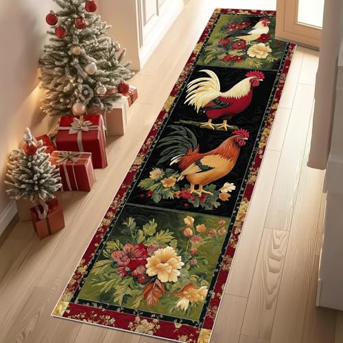 Jijliczc Hahn Bauernhaus Tier Teppich Läufer 60x120 cm Patchwork ländlich Blumen Anlage Carpet rutschfest Waschbar Bettumrandung Schlafzimmer, Teppichläufer für Küche, Flur, Eingangsbereich von Jijliczc