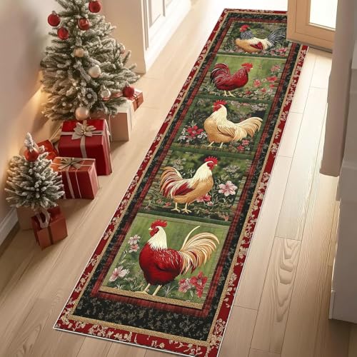 Jijliczc Hahn Bauernhaus Tier Teppichläufer rutschfest Waschbar 60x210 cm, Patchwork ländlich Blumen Anlage Küchenteppich Flurteppich Teppich Läufer für Flur, Eingangsbereich, Küche, Wohnzimmer von Jijliczc