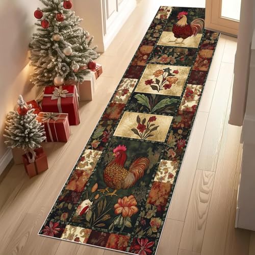 Jijliczc Hahn Bauernhaus ländlich Teppich Flur Läufer Tier Patchwork Blumen Anlage Teppichläufer Küchenläufer Carpet rutschfest Waschbar für Bettvorleger Flur Küche Waschküche 66x213 cm von Jijliczc