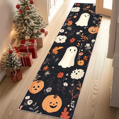 Jijliczc Halloween Geist Teppich Flur Läufer Niedlich Kürbis Blumen Anlage Teppichläufer Küchenläufer Carpet rutschfest Waschbar für Bettvorleger Flur Küche Waschküche 80x180 cm von Jijliczc