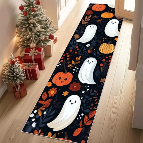 Jijliczc Halloween Geist Teppich Läufer rutschfest Waschbar 80x300 cm, Niedlich Kürbis Blumen Anlage Flurteppich Küchenteppich Teppichläufer für Bettvorleger Wohnraum Flur Waschküche von Jijliczc