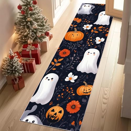 Jijliczc Halloween Geist Teppichläufer rutschfest Waschbar 60x210 cm, Niedlich Kürbis Blumen Anlage Küchenteppich Flurteppich Teppich Läufer für Flur, Eingangsbereich, Küche, Wohnzimmer von Jijliczc