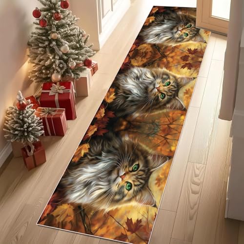 Jijliczc Herbst Niedlich Katze Kind Teppich Läufer 60x150 cm Haustier Dschungel Ahornblatt Teppiche rutschfest Waschbar Bettumrandung Schlafzimmer, Teppichläufer für Küche, Flur, Eingangsbereich von Jijliczc