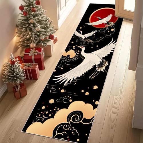 Jijliczc Japan Mandschurenkranich Tier Teppich Läufer rutschfest Waschbar 66x300 cm, Sonne Wolken Landschaft Flurteppich Küchenteppich Teppichläufer für Bettvorleger Wohnraum Flur Waschküche von Jijliczc