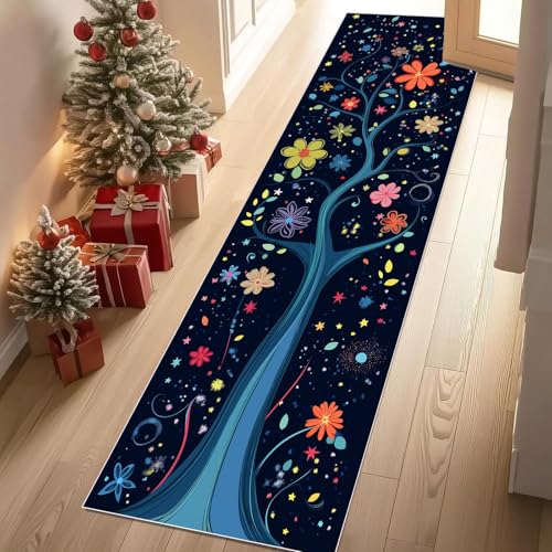 Jijliczc Karikatur Blumen Baum Teppich Flur Läufer Niedlich Anlage Blumenmuster Teppichläufer Küchenläufer Carpet rutschfest Waschbar für Bettvorleger Flur Küche Waschküche 66x213 cm von Jijliczc