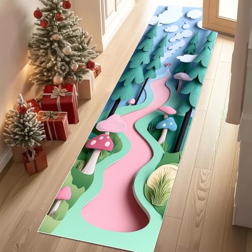 Jijliczc Karikatur Dschungel Straße Teppich Läufer Flur 3D Baum Anlage Pilz Teppichläufer Küchenläufer 80 X 250 cm Carpet rutschfest Waschbar für Bettvorleger Flur Küche Waschküche von Jijliczc