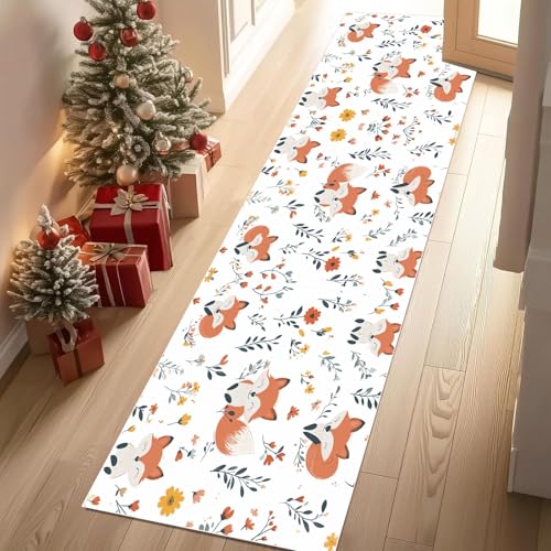 Jijliczc Karikatur Fuchs Kind Teppich Flur Läufer 60 x 240 cm Niedlich Tier Blumen Anlage Teppichläufer Küchenläufer Teppiche rutschfest Waschbar für Bettvorleger Flur Küche Waschküche von Jijliczc