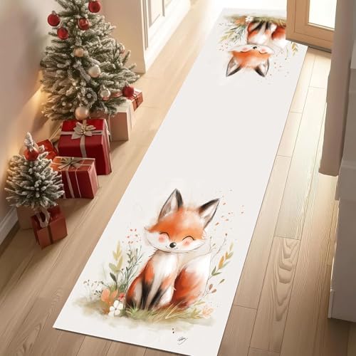 Jijliczc Karikatur Fuchs Kind Teppich Läufer Flur Niedlich Tier Blumen Anlage Teppichläufer Küchenläufer Carpet rutschfest Waschbar für Bettvorleger Flur Küche Waschküche 80x100 cm von Jijliczc