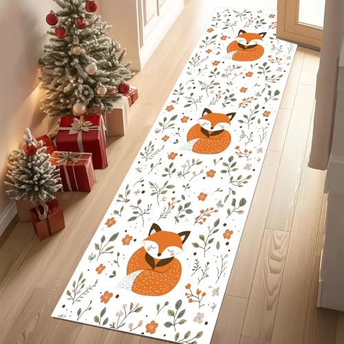 Jijliczc Karikatur Fuchs Tier Kind Teppich Läufer rutschfest Waschbar 80x200 cm, Niedlich Blumen Anlage Flurteppich Küchenteppich Teppichläufer für Bettvorleger Wohnraum Flur Waschküche von Jijliczc