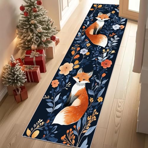 Jijliczc Karikatur Fuchs Tier Teppichläufer rutschfest Waschbar 60x210 cm, Blumen Anlage Dschungel Küchenteppich Flurteppich Teppich Läufer für Flur, Eingangsbereich, Küche, Wohnzimmer von Jijliczc