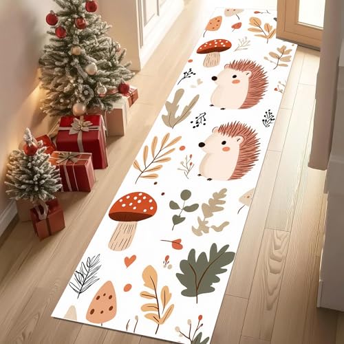 Jijliczc Karikatur Igel Pilz Teppich Flur Läufer Niedlich Tier Anlage Blatt Teppichläufer Küchenläufer 80 X 250 cm Carpet rutschfest Waschbar für Bettvorleger Flur Küche Waschküche von Jijliczc