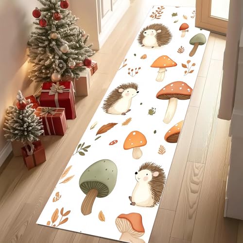 Jijliczc Karikatur Igel Pilz Teppich Läufer 60x150 cm Niedlich Tier Anlage Teppiche rutschfest Waschbar Bettumrandung Schlafzimmer, Teppichläufer für Küche, Flur, Eingangsbereich von Jijliczc
