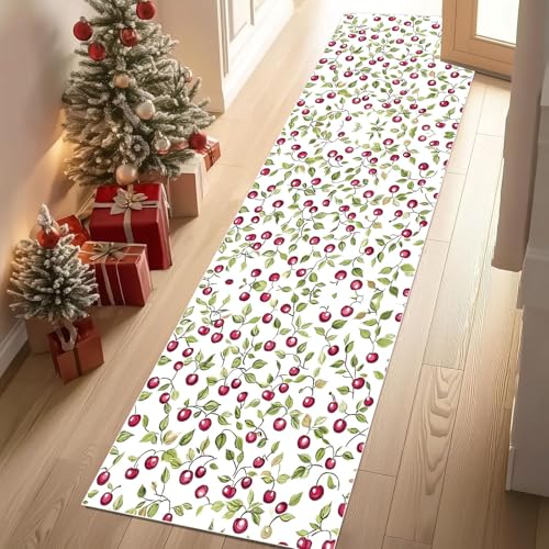 Jijliczc Karikatur Kirsche Teppich Flur Läufer Obst Blatt Drucken Teppichläufer Küchenläufer Carpet rutschfest Waschbar für Bettvorleger Flur Küche Waschküche 66x213 cm von Jijliczc