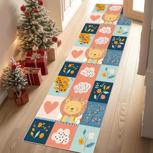 Jijliczc Karikatur Löwe Tier Teppich Läufer 60x150 cm Patchwork Blumen Anlage Kind Teppiche rutschfest Waschbar Bettumrandung Schlafzimmer, Teppichläufer für Küche, Flur, Eingangsbereich von Jijliczc
