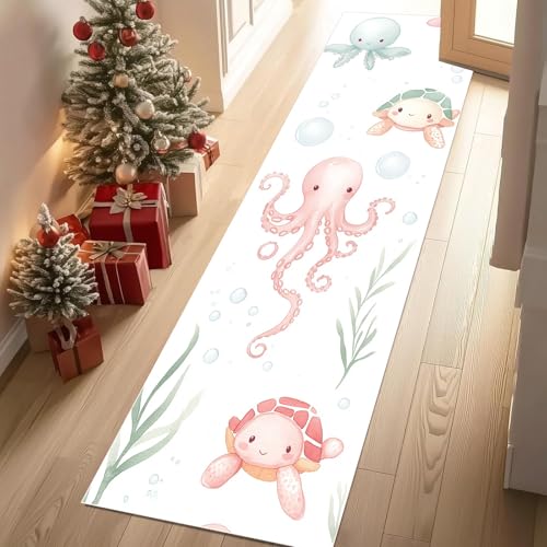 Jijliczc Karikatur Oktopus Meeresschildkröten Teppich Läufer 60x120 cm Meerestiere Anlage Carpet rutschfest Waschbar Bettumrandung Schlafzimmer, Teppichläufer für Küche, Flur, Eingangsbereich von Jijliczc