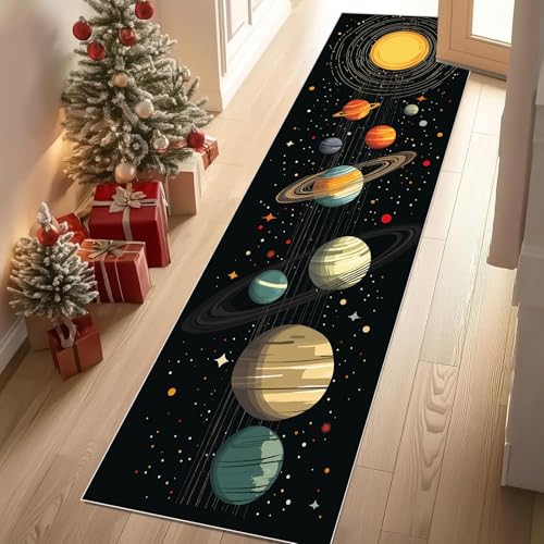Jijliczc Karikatur Planet Raum Teppich Läufer 60x120 cm Sternenhimmel Sonne Carpet rutschfest Waschbar Bettumrandung Schlafzimmer, Teppichläufer für Küche, Flur, Eingangsbereich von Jijliczc