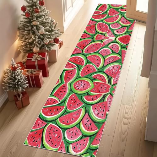 Jijliczc Karikatur Wassermelone Teppich Läufer rutschfest Waschbar 66x300 cm, Sommer Obst Drucken Flurteppich Küchenteppich Teppichläufer für Bettvorleger Wohnraum Flur Waschküche von Jijliczc