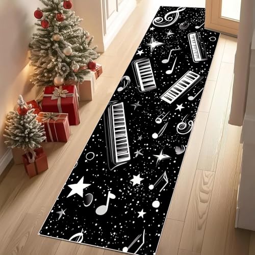 Jijliczc Klaviertasten Pentagramm Teppich Läufer rutschfest Waschbar 80x200 cm, Musik Notiz Sternenhimmel Flurteppich Küchenteppich Teppichläufer für Bettvorleger Wohnraum Flur Waschküche von Jijliczc