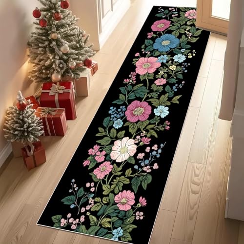 Jijliczc Ländlich Blumen Anlage Teppich Flur Läufer 60 x 240 cm Blumenmuster Pflanzendrucke Teppichläufer Küchenläufer Teppiche rutschfest Waschbar für Bettvorleger Flur Küche Waschküche von Jijliczc