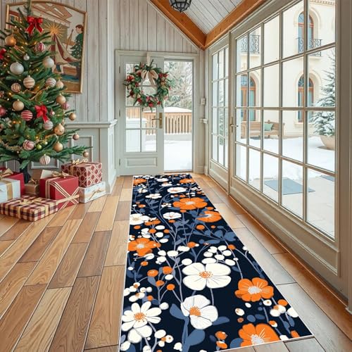 Jijliczc Ländlich Blumen Anlage Teppich Flur Läufer Blumenmuster Pflanzendrucke Teppichläufer Küchenläufer 80 X 250 cm Carpet rutschfest Waschbar für Bettvorleger Flur Küche Waschküche von Jijliczc