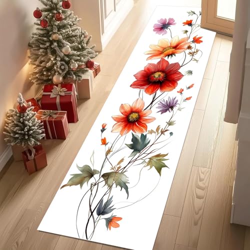 Jijliczc Ländlich Blumen Anlage Teppich Läufer 60x120 cm Blumenmuster Pflanzendrucke Carpet rutschfest Waschbar Bettumrandung Schlafzimmer, Teppichläufer für Küche, Flur, Eingangsbereich von Jijliczc