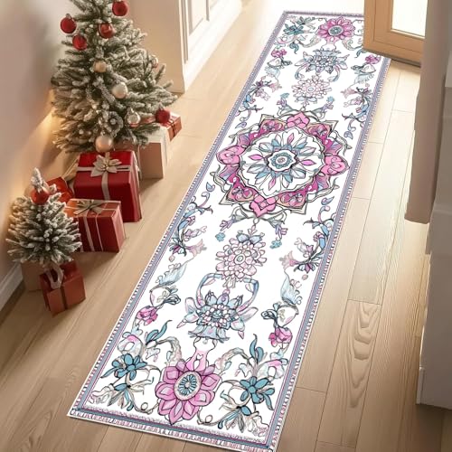 Jijliczc Ländlich Blumen Anlage Teppich Läufer 60x150 cm Retro Tradition Exotisch Teppiche rutschfest Waschbar Bettumrandung Schlafzimmer, Teppichläufer für Küche, Flur, Eingangsbereich von Jijliczc