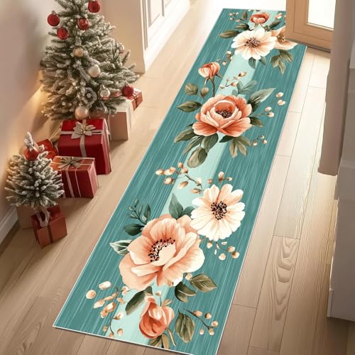 Jijliczc Ländlich Blumen Anlage Teppich Läufer Flur Blumenmuster Pflanzendrucke Teppichläufer Küchenläufer 80 X 250 cm Carpet rutschfest Waschbar für Bettvorleger Flur Küche Waschküche von Jijliczc