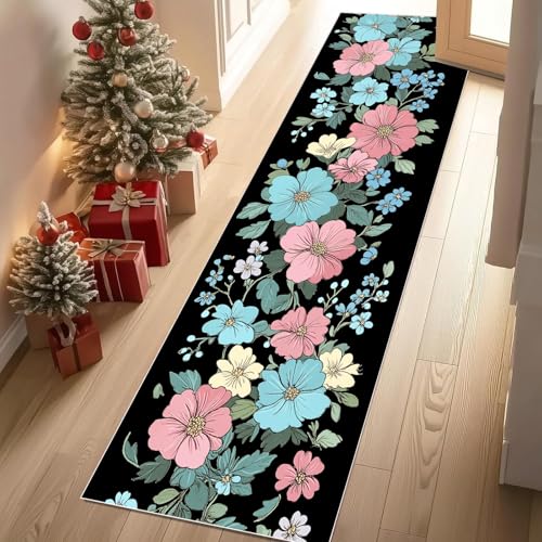 Jijliczc Ländlich Blumen Anlage Teppich Läufer Flur Blumenmuster Pflanzendrucke Teppichläufer Küchenläufer Carpet rutschfest Waschbar für Bettvorleger Flur Küche Waschküche 80x180 cm von Jijliczc