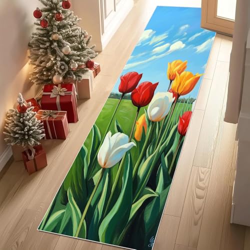 Jijliczc Ländlich Blumen Anlage Teppich Läufer Flur Blumenmuster Pflanzendrucke Teppichläufer Küchenläufer Carpet rutschfest Waschbar für Bettvorleger Flur Küche Waschküche 80x180 cm von Jijliczc