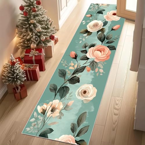 Jijliczc Ländlich Blumen Anlage Teppich Läufer Flur Blumenmuster Pflanzendrucke Teppichläufer Küchenläufer Carpet rutschfest Waschbar für Bettvorleger Flur Küche Waschküche 80x180 cm von Jijliczc