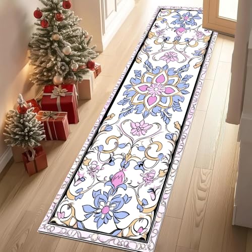 Jijliczc Ländlich Blumen Anlage Teppich Läufer Flur Retro Tradition Exotisch Teppichläufer Küchenläufer 80 X 250 cm Carpet rutschfest Waschbar für Bettvorleger Flur Küche Waschküche von Jijliczc
