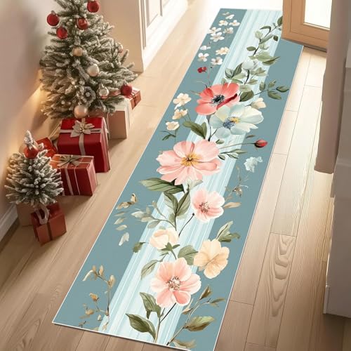 Jijliczc Ländlich Blumen Anlage Teppich Läufer rutschfest Waschbar 80x150 cm, Blumenmuster Pflanzendrucke Flurteppich Küchenteppich Teppichläufer für Bettvorleger Wohnraum Flur Waschküche von Jijliczc