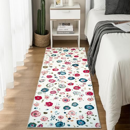 Jijliczc Ländlich Blumen Anlage Teppich Läufer rutschfest Waschbar 80x300 cm, Blumenmuster Handgezeichnet Flurteppich Küchenteppich Teppichläufer für Bettvorleger Wohnraum Flur Waschküche von Jijliczc