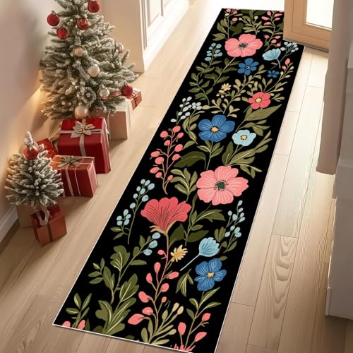Jijliczc Ländlich Blumen Anlage Teppich Läufer rutschfest Waschbar 80x300 cm, Blumenmuster Pflanzendrucke Flurteppich Küchenteppich Teppichläufer für Bettvorleger Wohnraum Flur Waschküche von Jijliczc