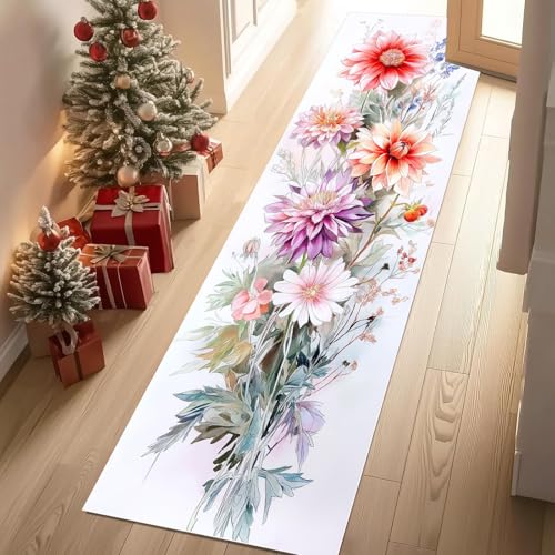 Jijliczc Ländlich Blumen Anlage Teppichläufer rutschfest Waschbar 60x210 cm, Blumenmuster Pflanzendrucke Küchenteppich Flurteppich Teppich Läufer für Flur, Eingangsbereich, Küche, Wohnzimmer von Jijliczc