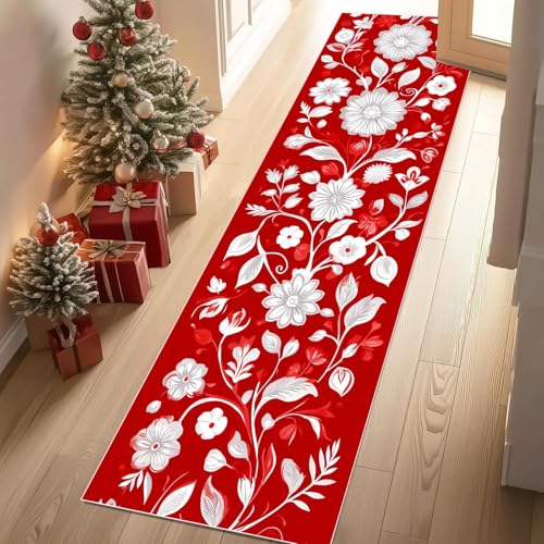 Jijliczc Ländlich Blumen Anlage Teppichläufer rutschfest Waschbar 60x210 cm, Blumenmuster Pflanzendrucke Küchenteppich Flurteppich Teppich Läufer für Flur, Eingangsbereich, Küche, Wohnzimmer von Jijliczc