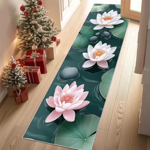 Jijliczc Lotus Lotusblatt Kopfsteinpflaster Teppich Flur Läufer Teich Anlage Steine Teppichläufer Küchenläufer Carpet rutschfest Waschbar für Bettvorleger Flur Küche Waschküche 80x100 cm von Jijliczc