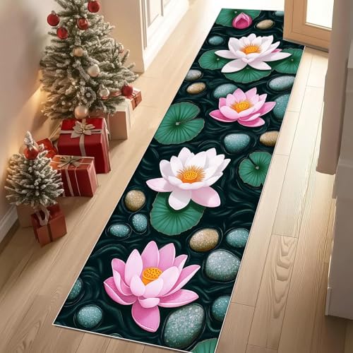 Jijliczc Lotus Lotusblatt Kopfsteinpflaster Teppich Läufer rutschfest Waschbar 80x150 cm, Teich Anlage Steine Flurteppich Küchenteppich Teppichläufer für Bettvorleger Wohnraum Flur Waschküche von Jijliczc