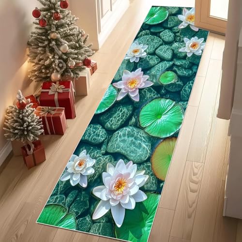 Jijliczc Lotus Lotusblatt Steine Teppich Läufer rutschfest Waschbar 80x150 cm, Teich Landschaft Flurteppich Küchenteppich Teppichläufer für Bettvorleger Wohnraum Flur Waschküche von Jijliczc